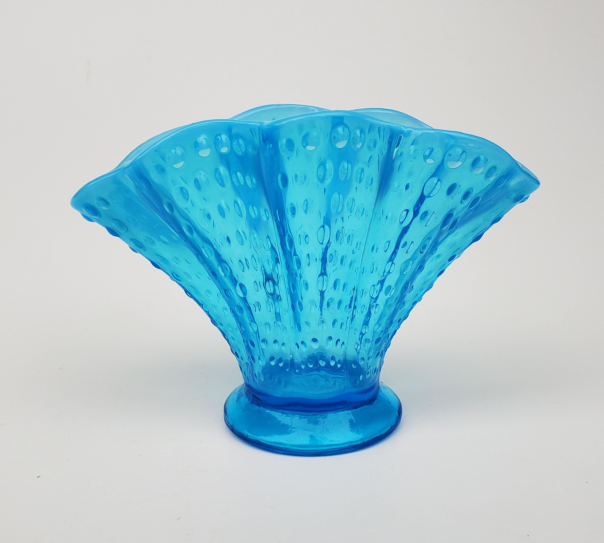 Fenton Blue Opalescent Hobnail Fan Vase - Ruffled Rim - 8