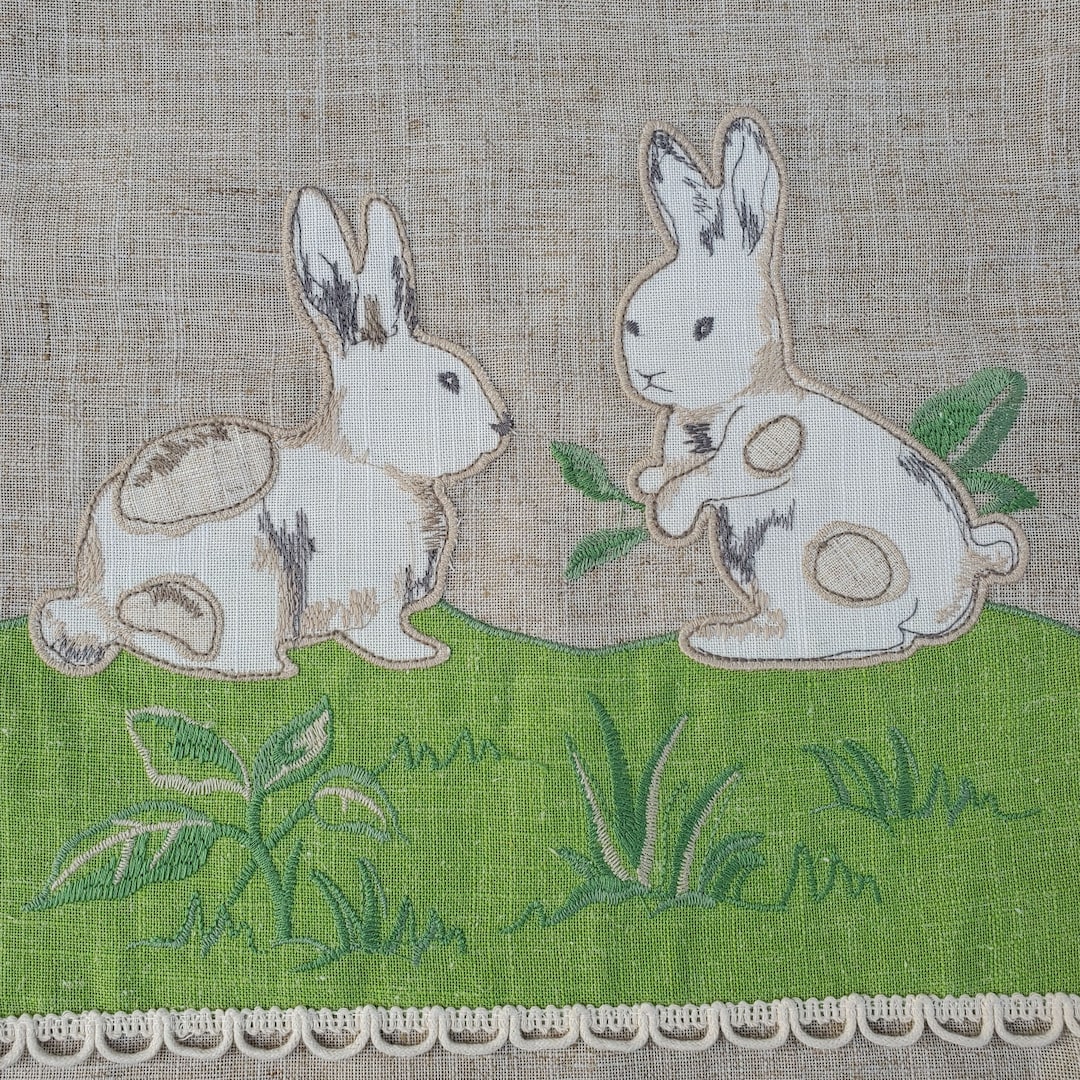 White Easter Bunny Rabbit Linen Table Runner Scarf Wheat Linen White