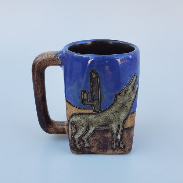 Mara Of Mexico Coffee Mug - Howling Wolf Design - Scenic Desert Cactus Design - Natural Tones - Southwest Style Coffee Cup - 4.5"