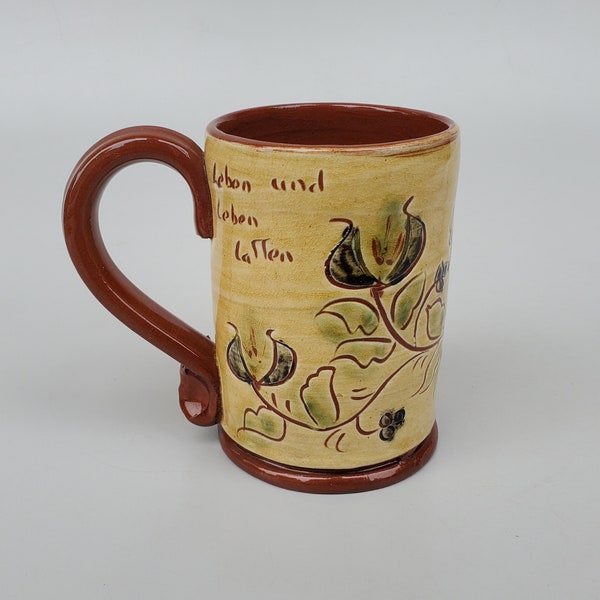 SJ Pottery Redware Folk Art Pottery Mug - Sgrafitto Carved Bird Flower And Berry Design - Live And Let Live Motto - 4.5'