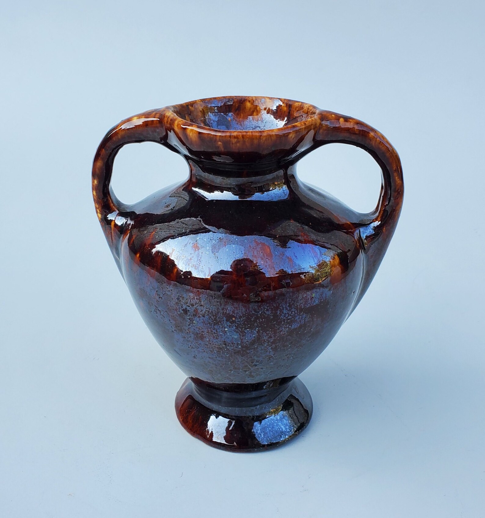 Antique Bennington Rockingham Double Handled Pottery Vase - Dark Brown ...