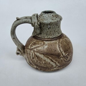 John Schulps California Studio Pottery Oil Lamp - Fat Strap Handle - Hand Decorated Brown Free Form Linear Design - 6.125"