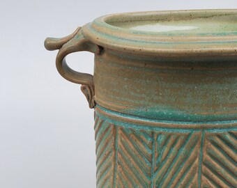 Jim Simister Studio Pottery Handled Vase - Carved Diagonal Surface