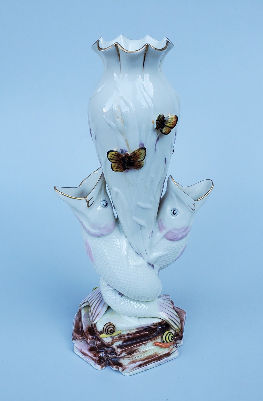 Early Belleek Fine Porcelain Ornate Double Fish Vase Early First Mark