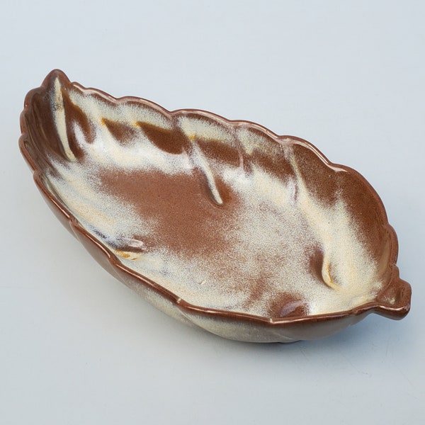 Frankoma Pottery Large Leaf Candy Dish - Desert Gold Glaze - Shape 225 - Big Leaf Tray - 8.75"