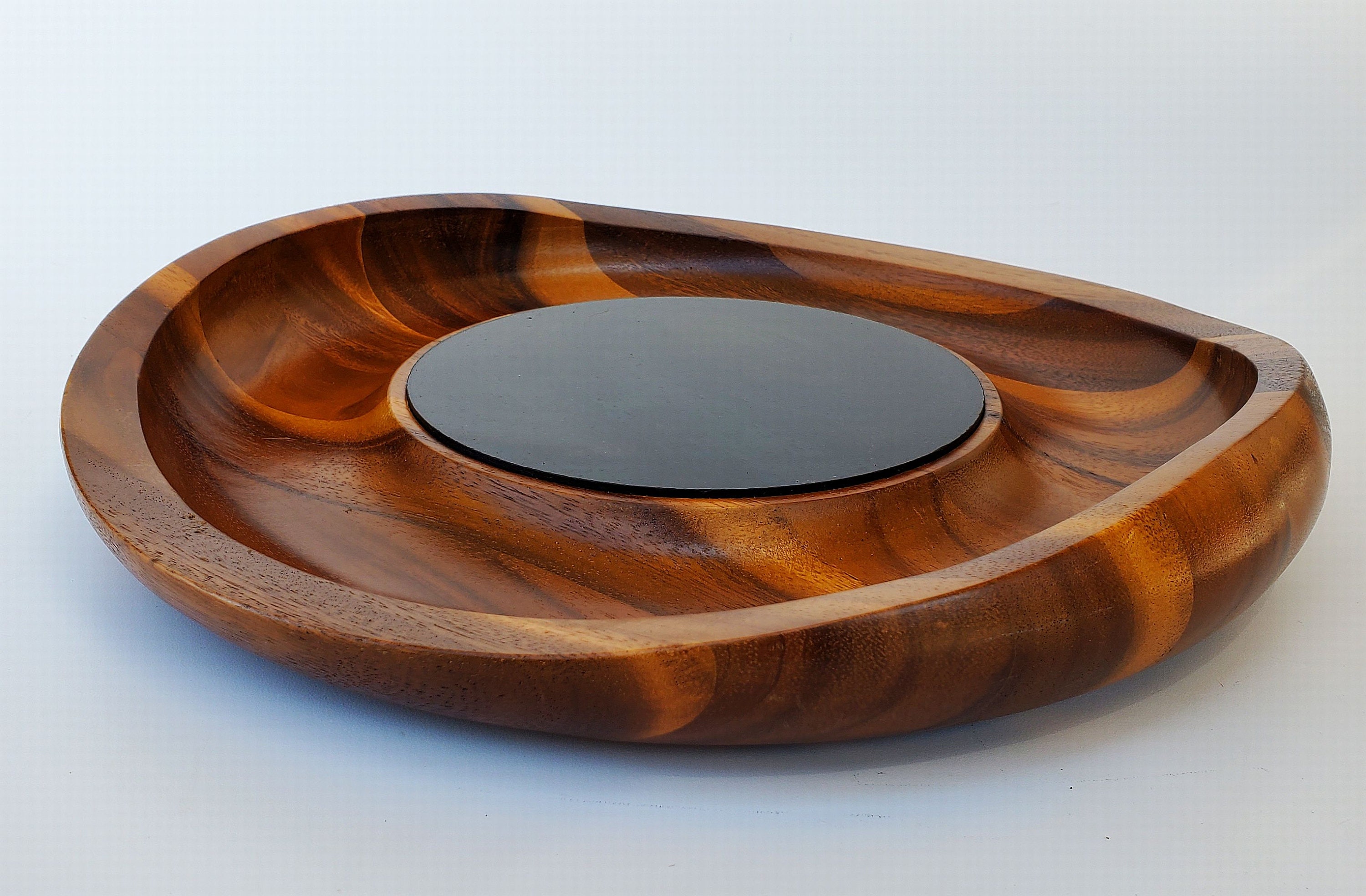 Acacia Wood Unique MCM Bowl Nambe Butterfly Chesse Tray Sean O'Hara Designer Mid Century Style Wooden Bowl Signed Granite Center
