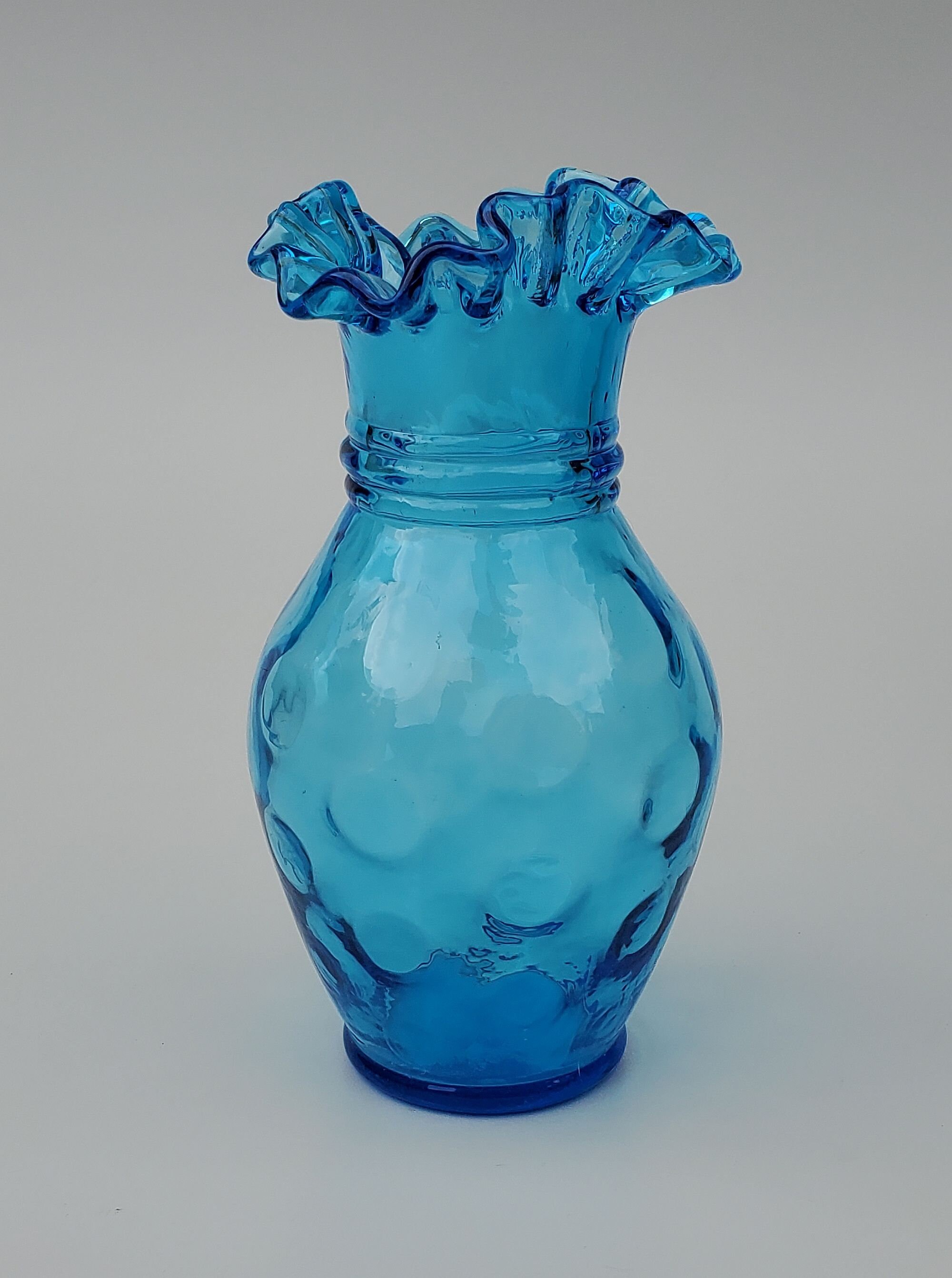 Blue Art Glass Coin Dot Vase - Ruffled Rim Design - Cobalt