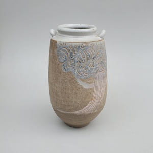 Rodney Lemonier Carved Studio Pottery Vase - Good Earth Pottery - Tall Tree Design - Missouri Potter - Handled MCM Vase Design - 10.5&quot;