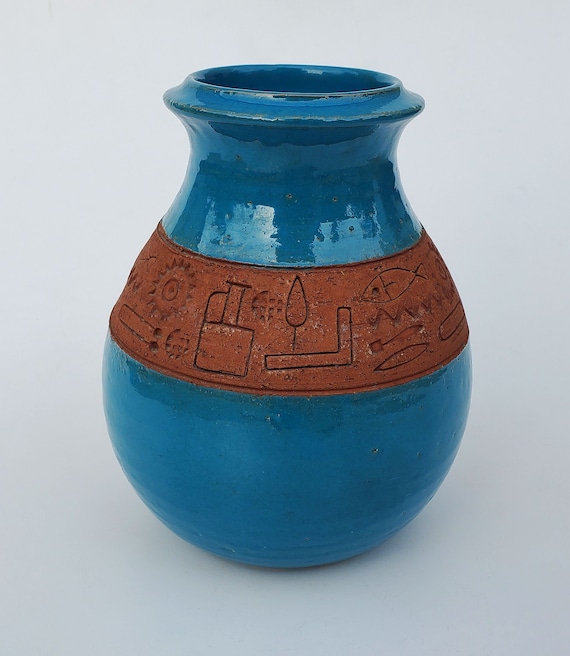 Italian Bitossi Blue Pottery Vase - Stamped FISH and JUG Design