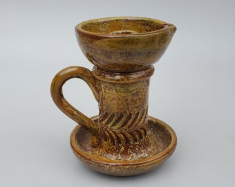 Bitossi Italy Mid Century Era Candleholder - Aldo Londi for Rosenthal Netter - Carved Design - Large Loop Handle - Gold Glaze - MCM - 6.5"