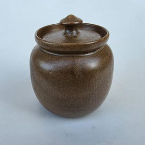 Peut inclure: Un pot en céramique marron avec un couvercle. Le pot a un corps arrondi et un couvercle avec un petit bouton sur le dessus. Le pot est de couleur marron uni avec une surface légèrement texturée. Le pot est probablement utilisé pour le stockage.