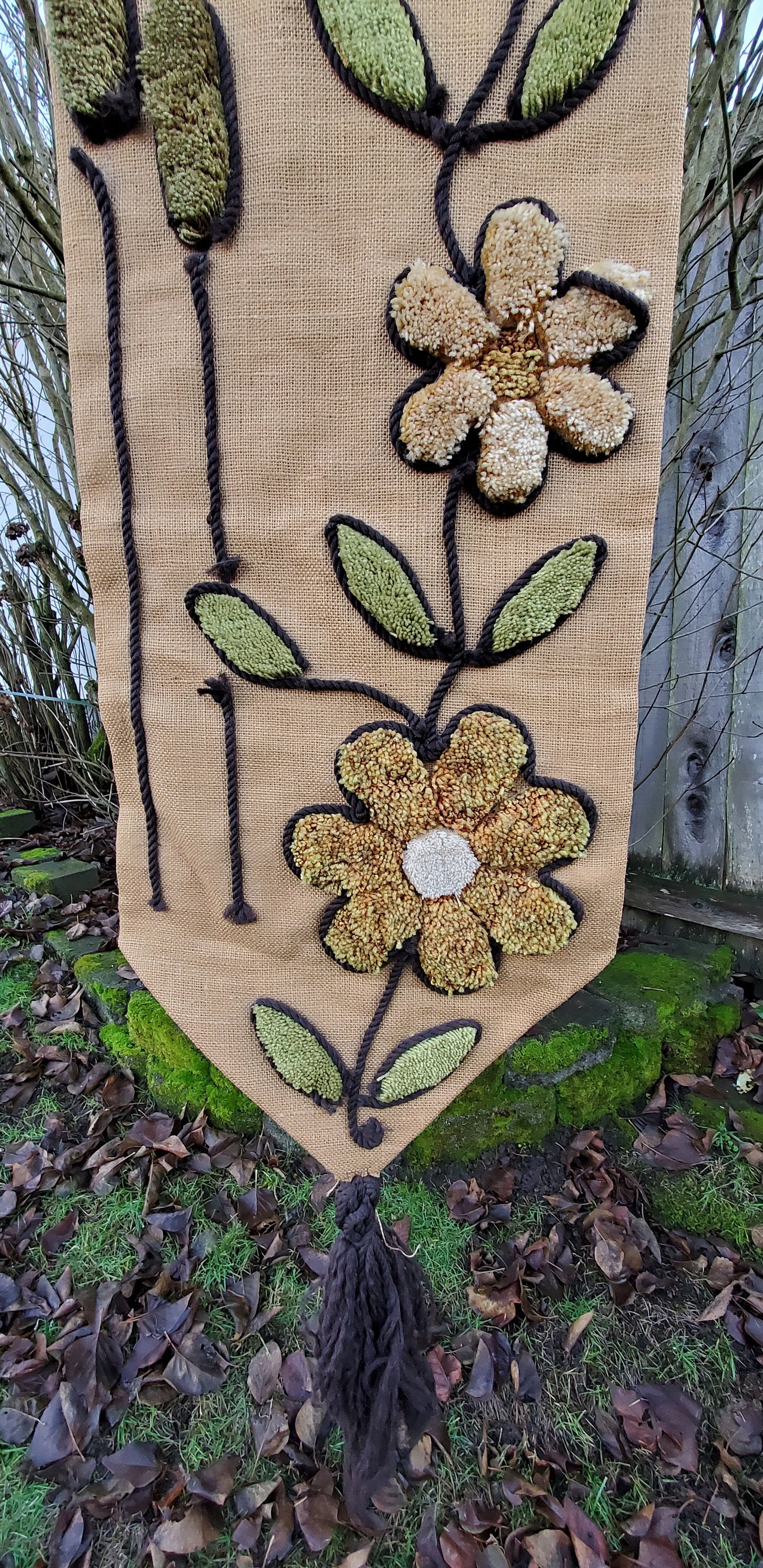 Vintage Butterfly and Mod Flower - Latch Hook on Burlap Wall Art