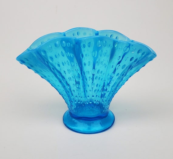 Fenton Blue Opalescent Hobnail Fan Vase - Ruffled Rim - 8