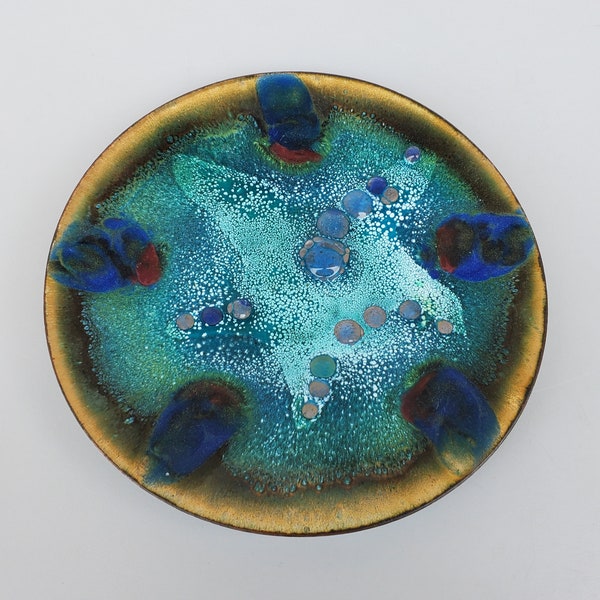 Marianne Cassar Northwest Artist MCM Enamel Tray - Abstract Star Fish Design - Gold Rim - Mid Century Design - 8"