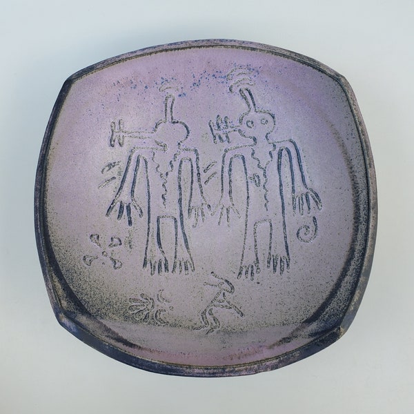 Mark Heimann Oregon Studio Pottery Bowl - Hand made NW Indian Cave Pictograph Raised Design - Purple Tones - Northwest Pottery Bowl - 10.5"