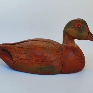 Old Hand Crafted Solid Wood Decoy Weighted Bead Base Vintage Hand Carved Wooden Mallard Duck Decoy Glass Beaded Eyes