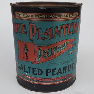 Antique Planters Peanuts Pennant Brand Slated Peanuts 10 Pound Tin - Mr. Peanut Colorful Label Design - Original Brown Paper Liner - 9.625&quot;