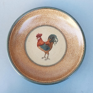 Monroe Salt Works Stoneware Bowl: Rooster Design, Maine Studio Pottery (12.75")