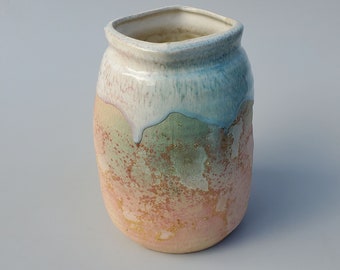 Tony Evans Foss Creek Pottery Drip Glaze Vase - White Drip Glaze Over Green Orange Raku - 8.5" - MCM