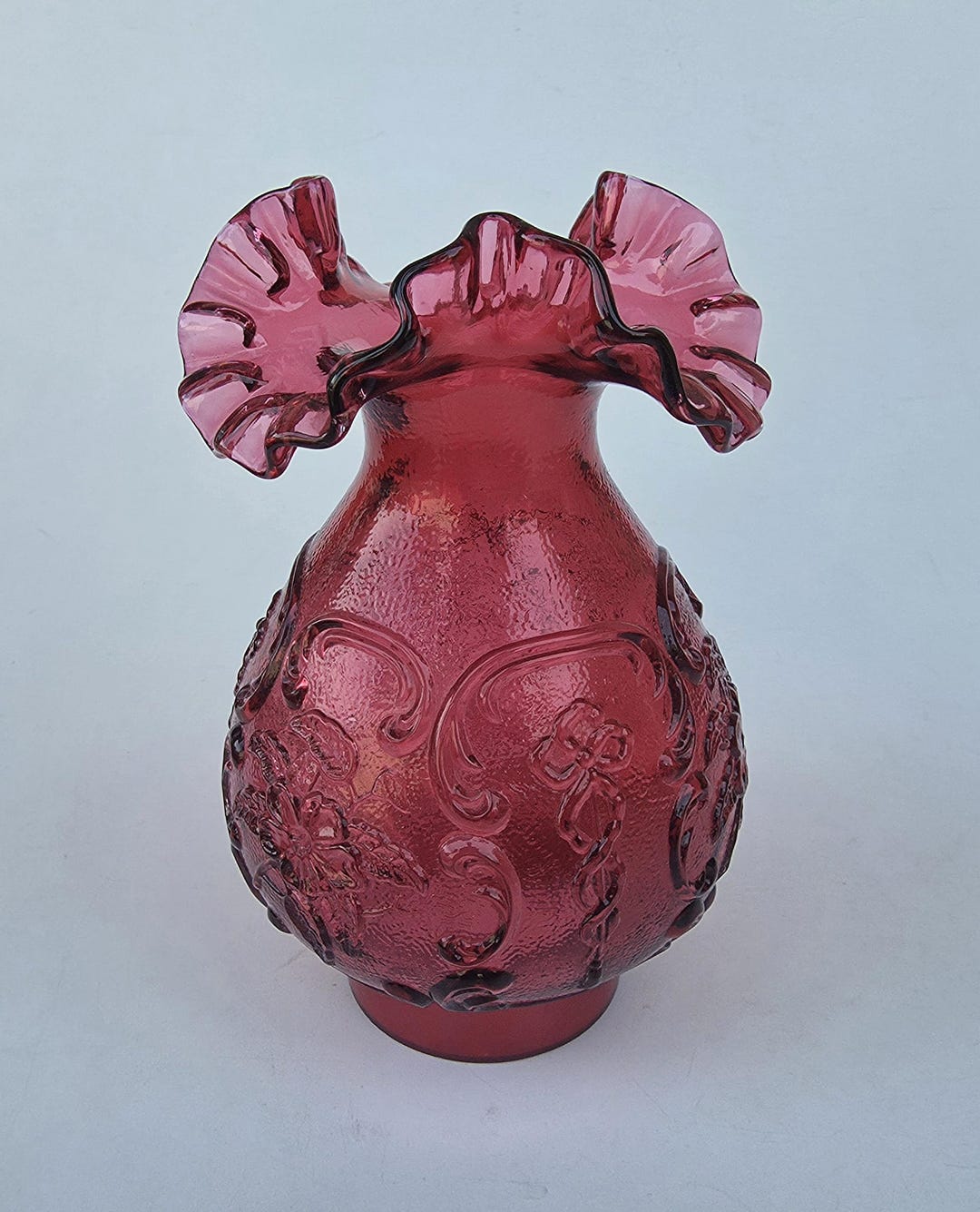 Fenton Art Glass Wild Rose Cranberry Lamp Shade - Ruffled Rim
