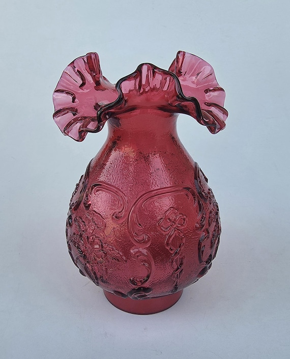 Fenton Art Glass Wild Rose Cranberry Lamp Shade - Ruffled Rim