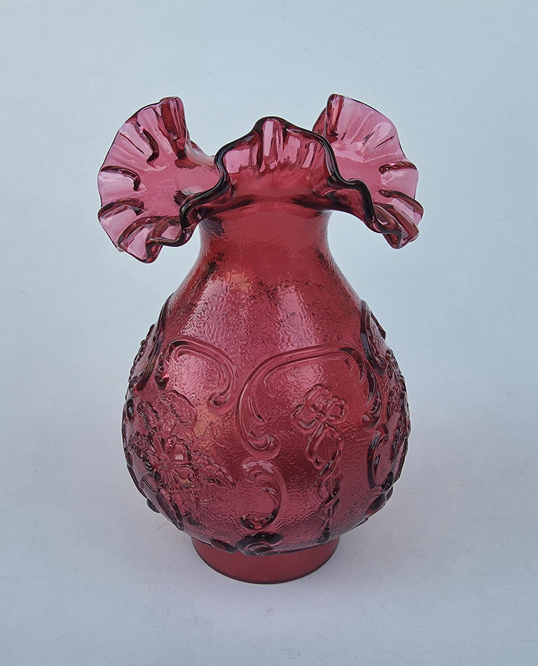 Fenton Art Glass Wild Rose Cranberry Lamp Shade - Ruffled Rim