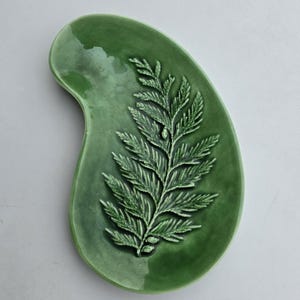 May include: Green ceramic dish in a teardrop shape with a raised fern leaf design. The dish has a glossy finish and a curved edge. The fern design is detailed and adds a natural element to the piece.