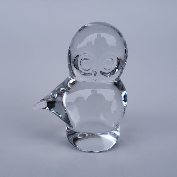 FM Konstglas Ronneby of Sweden Hand Made Clear Glass Owl - Round Body With Side Tail - Swedish Art Glass Owl - MCM Design - 5.25"