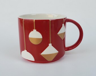Starbucks Holiday Collectible Coffee Mug - Red With Cool Three Dimensional Hanging Ornaments Design - 14 Ounces - 2012 - 3.5"