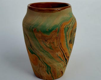 North Dakota Bad Lands Indian Swirl Art Pottery Vase - Brown and Green Swirl Coloration - Bad Lands Clay - Nemadji Pottery - Shape 139 - 6&quot;