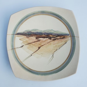 Luisa Baldinger Hand Decorated Pottery Wall Charger - Southwest Style Scenic Mountain Design - Santa Fe Artist - Huge Flaring Bowl - 17.5&quot;