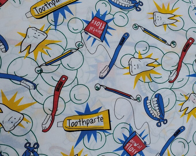 Dental Theme Toothpaste Toothbrush Tooth Themed Fabric Panel - 3 Yards ...