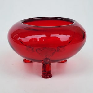 Viking Art Glass 007 Flowerlite Bowl - Ruby Red - Triple Footed Design Glass Bowl - Mid Century Era Art Glass Bowl - 4.5"