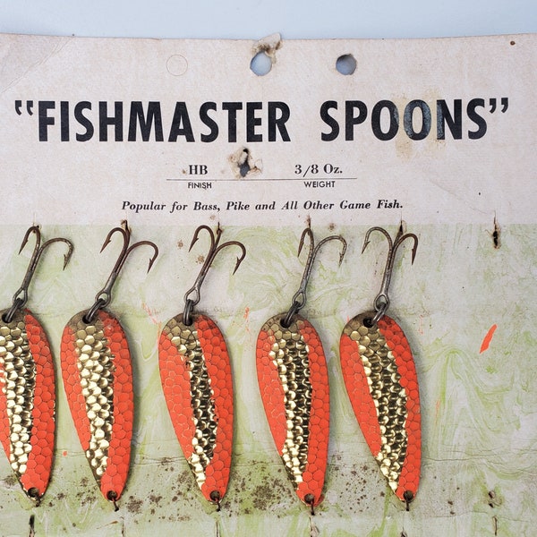 Vintage Fishmaster Spoons Dealer Display Card Set - 3/8 Ounce Orange And Gold Spoons - Hammered Finish - Bass - Pike - Trout - 8 Lures - NOS
