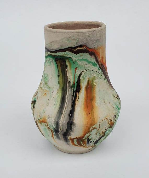 Nemadji Pottery Art Pottery Vase - Green Brown Orange Swirl
