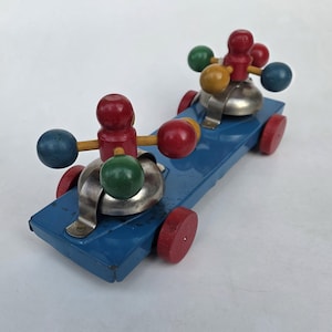 Vintage Ring Around Bell Ringer Pull Toy - Wooden Wheels - Gong Bell Toys - Red And Blue - 13.75"