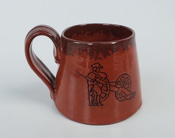 Dorothy Long Old Eagle Studio Redware Pottery Mug - Revolutionary War Soldier With Canon Theme - Military Family Tour Novelty Mug - 1991