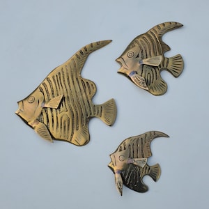 Brass Angel Fish Wall Art Sculpture Trio - Nautical Design - Mid Century Design - Raised Fin Design -  3 Pc Set - Retro Fish Wall Art - 9&quot;