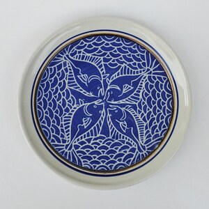 Ahna Iredale Alaska Studio Pottery Plate - Sgrafitto Carved Halibut Fish Design - Blue Glaze - Sitka Alaska Potter - 1983