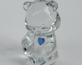 Fenton Art Glass Clear Crystal September Birthstone Bear - Blue Sapphire Heart On Chest - Seated Figural Bear - 3.5&quot;
