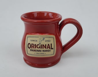 Original Pancake House Tacoma Washington Coffee Mug - Red Glossy Glaze - Pancake Flipping Logo  Made By Deneen Pottery - 3.75&quot;