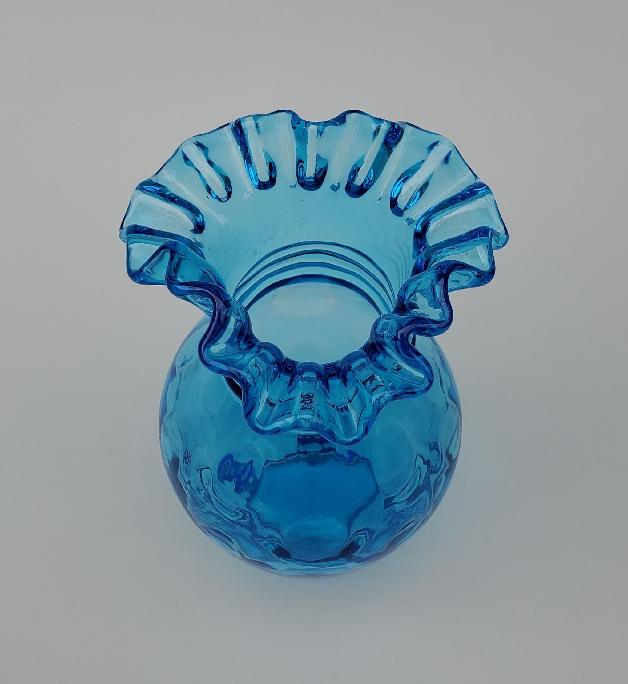 フェントンドットブルーベース Blue Art Glass Coin Dot Vase - Ruffled Rim Design - Cobalt Blue