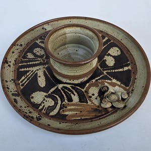 John Schulps California Studio Pottery - Mid Century Style Chips And Dip Stoneware Bowl And Tray Set - Hand Decorated Floral Design - 13"
