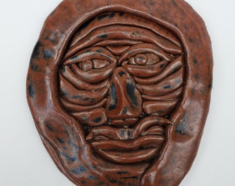 Mar Hudson Northwest Studio Pottery - Hand Formed Face Plaque - Wrinkled Mustache Gentleman  - Seattle Studio Pottery