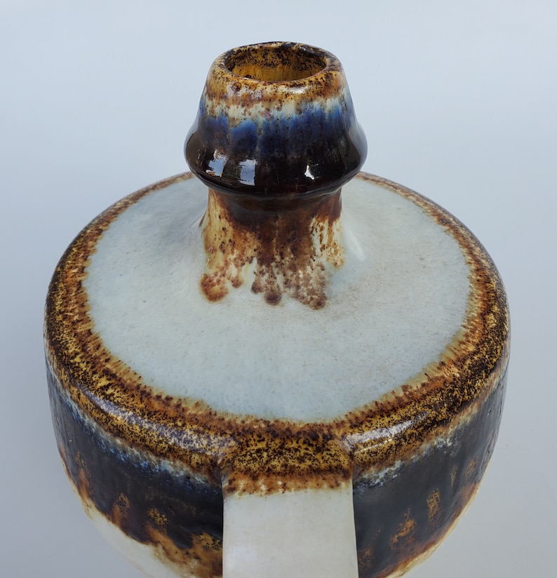 Mid Century Era Handled Drip Glaze Pottery Vase - Brown Drip Glaze Over ...