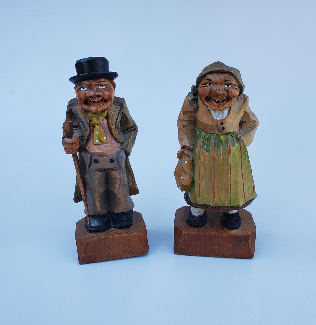 Vintage Anri Style German Black Forest Hand Carved Man and Woman