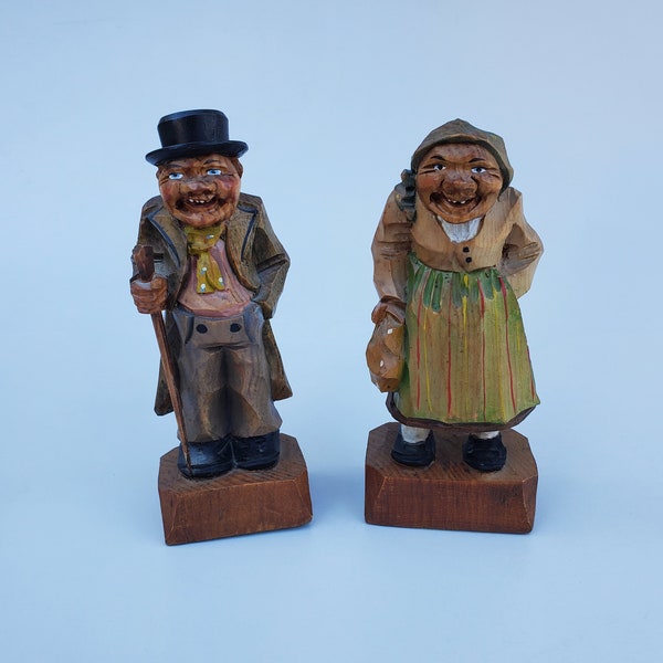 Vintage Anri Style German Black Forest Hand Carved Man And Woman Figures - Nice Detail - Man With Long Walking Stick - Lady With Purse - 7"