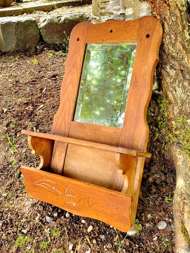 Antique Oak Farm House Wall Mirror With Shelf and Letter Slot Etsy