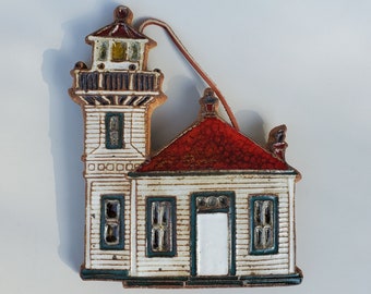 Victoria Littlejohn Stoneware Coastal Lighthouse Tile - Oregon Studio Pottery - Red Tile Roof - Wall Hanger Trivet Tile - NW Studio Potter