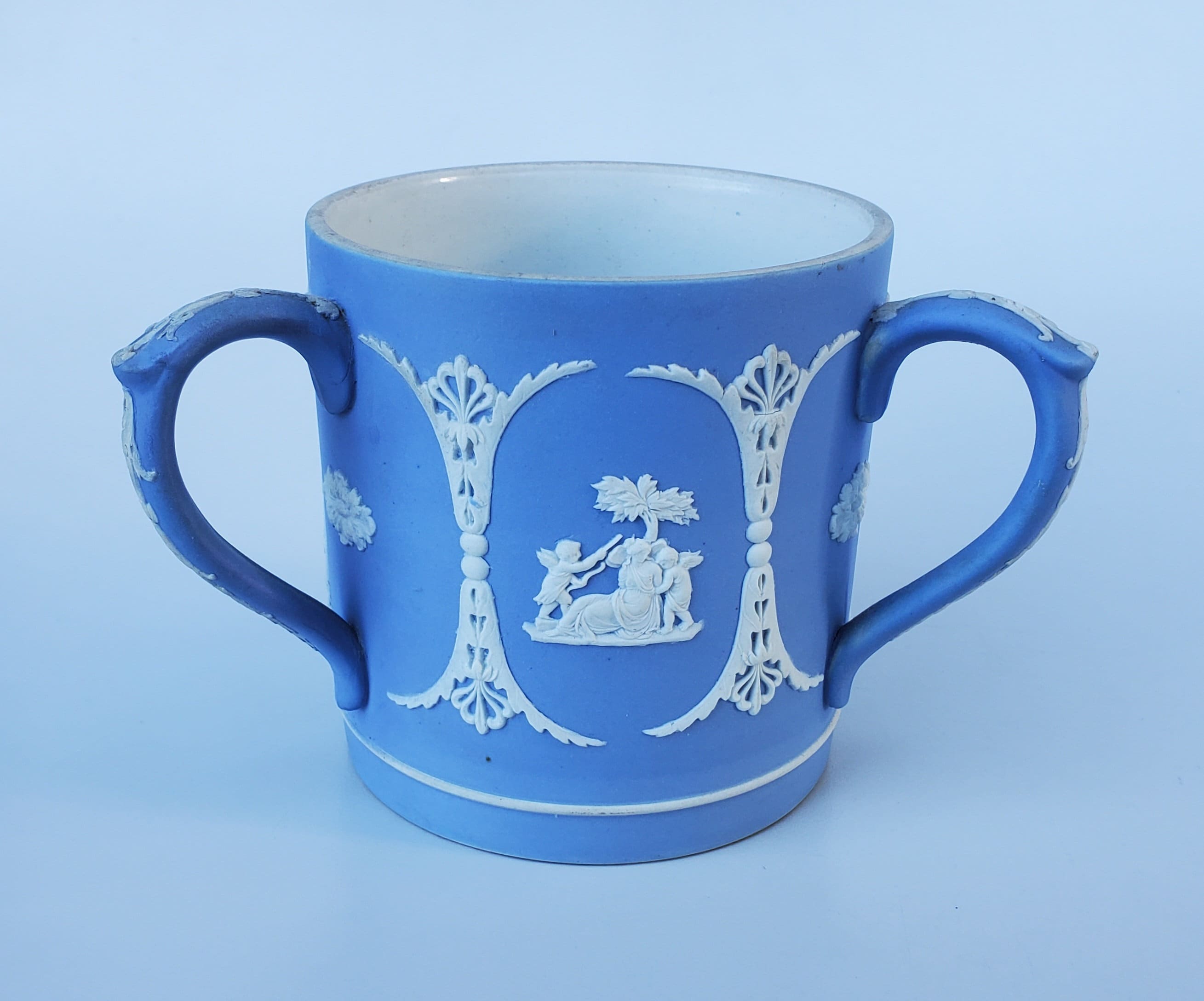 Antique Wedgewood Blue Jasperware Triple Handled Tyg Cup - White